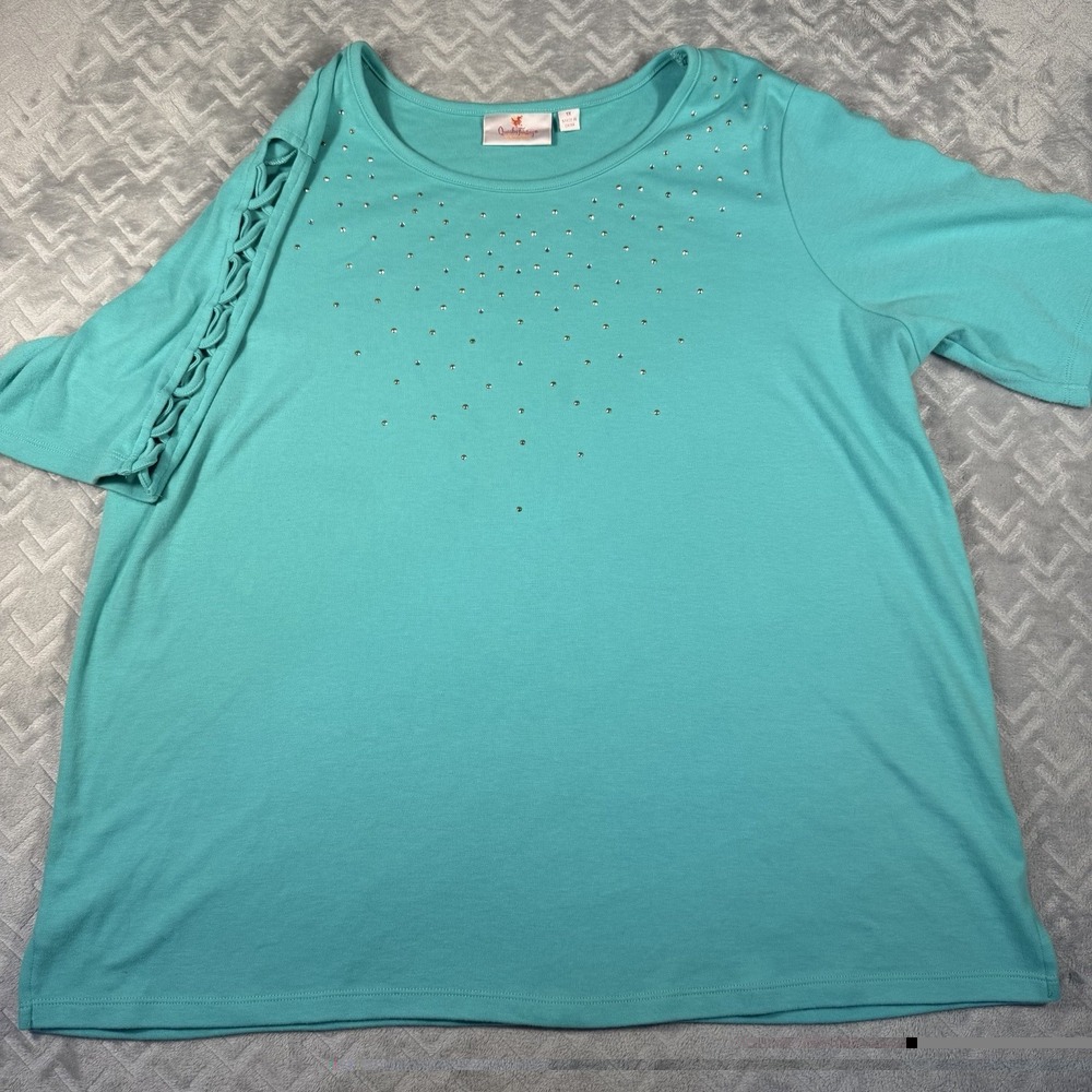 Quacker Factory T-Shirt Womens Size 1X Teal Blue Rhinestone Lattice Sleeve